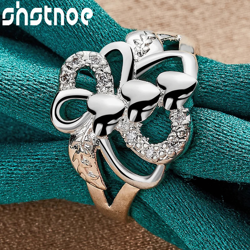 SHSTONE 925 Sterling Silver rings Inlay AAA Zircon Three Heart Bowknot Ring For