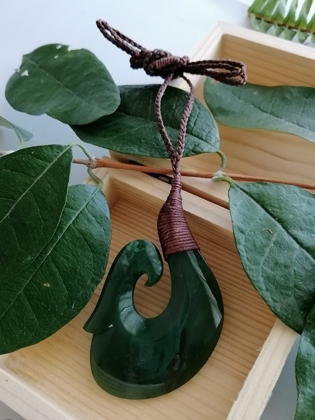 New Zealand Jade Greenstone Bound Fish Hook X Large pendant 70mm L x 45mm W
