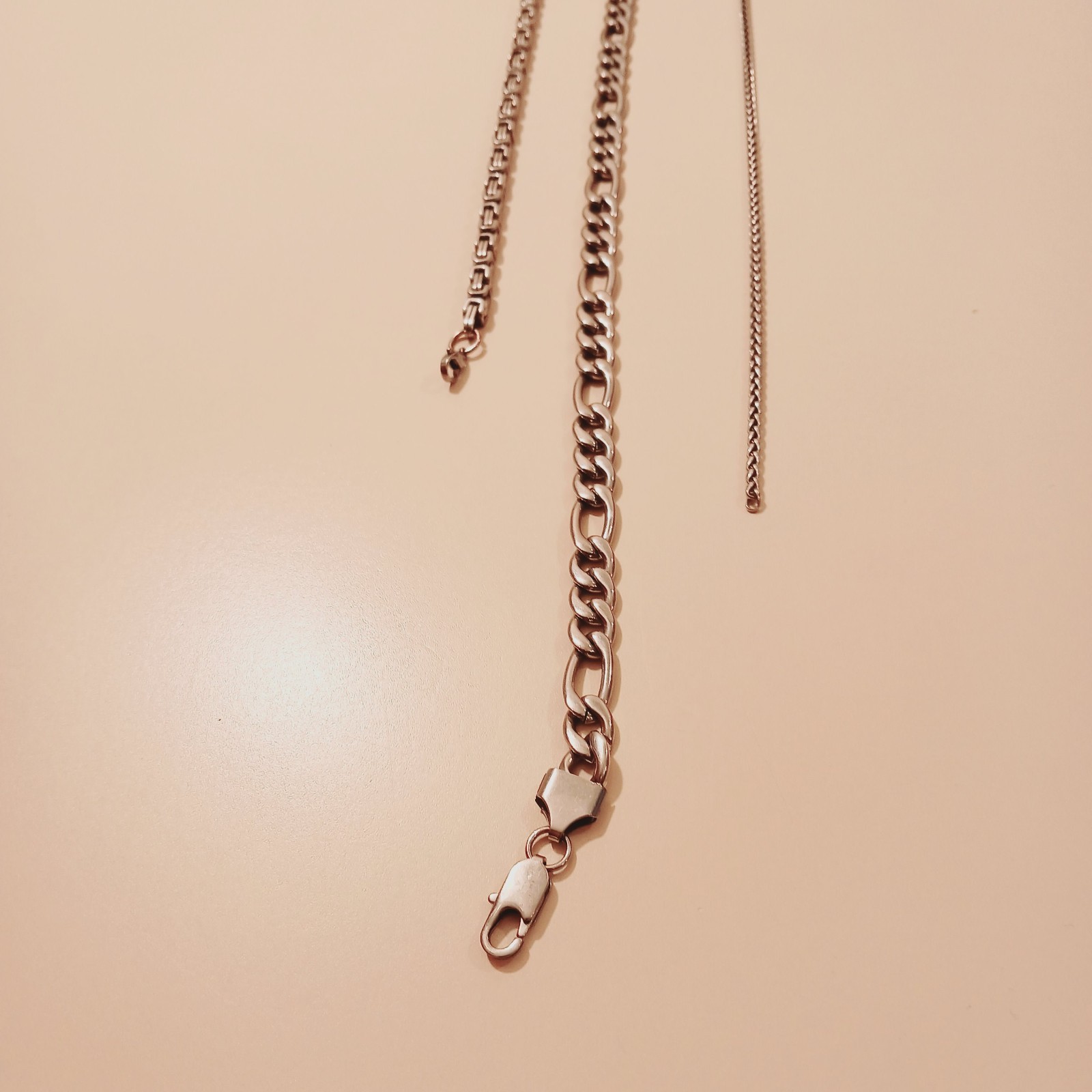 Stainless Steel Jewelry Set Lot: Byzantine Anklet 9″ Figaro Necklace 21″ Curb An