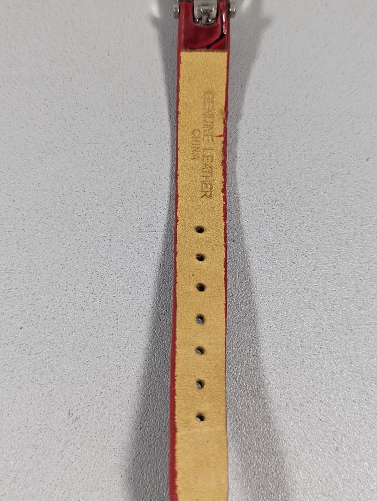 White Pearlized Dial Silver Tone Rectangle Case Red Leather Band Watch 7.25 In