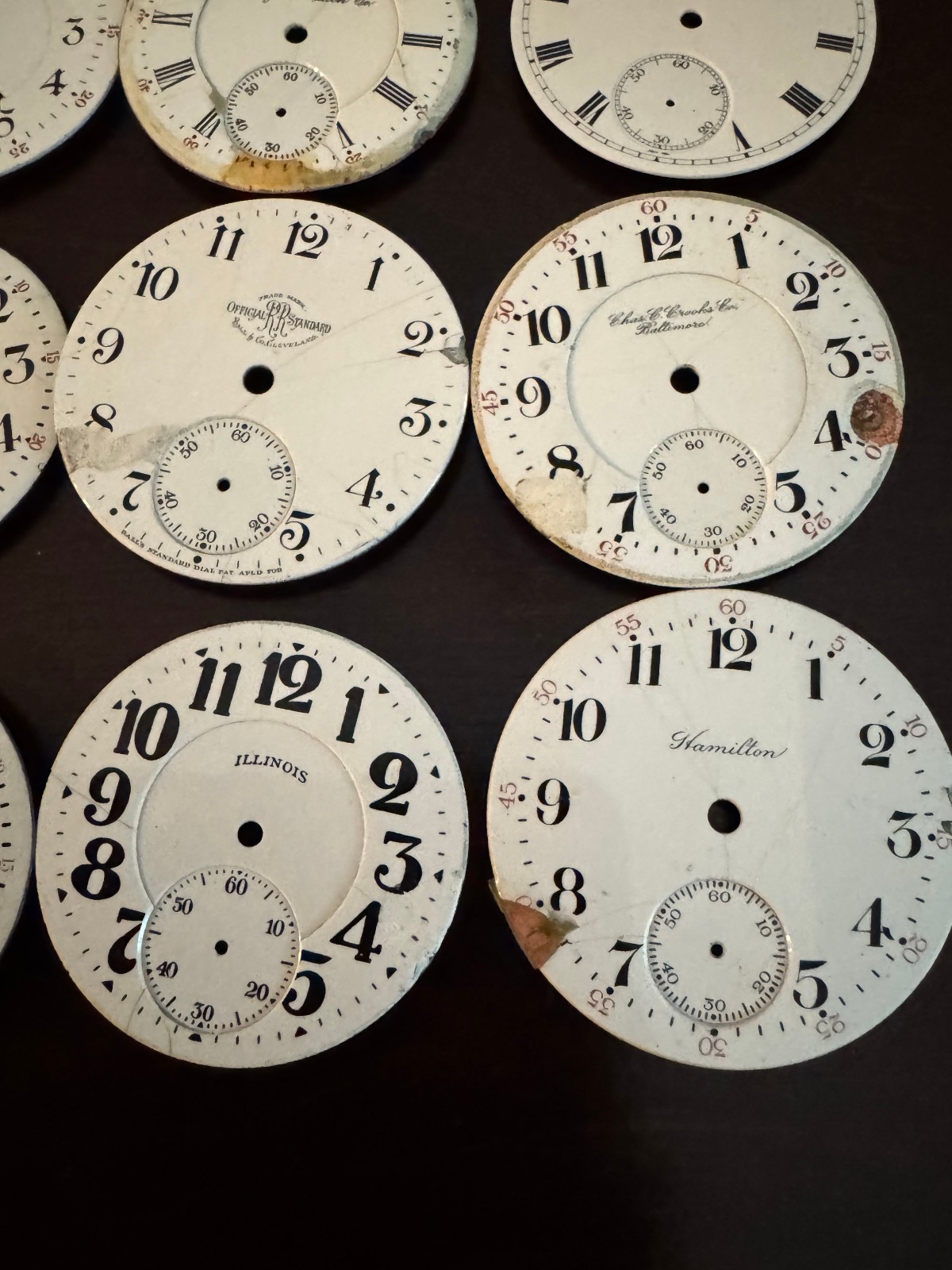 20 PACK VINTAGE VARIES AMERICAN POCKET WATCH DIALS MOSTLY 16 -18 SIZES