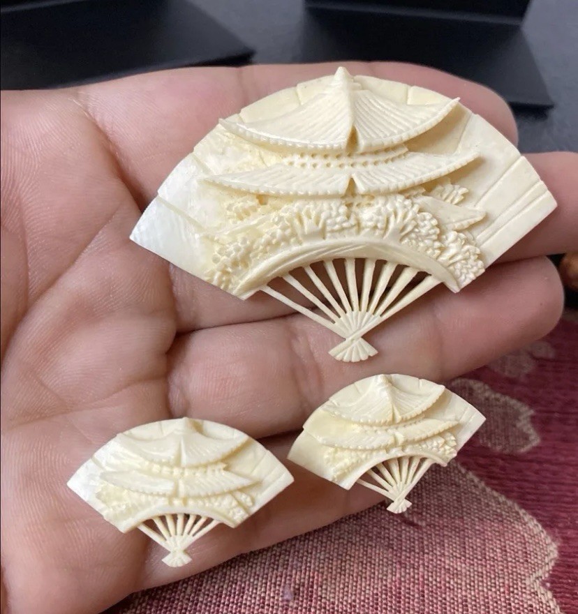 Vintage Japanese Fan brooch and screw back earring set SILVER hardware