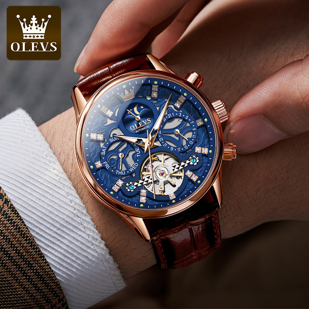 OLEVS Mechanical Watch Date/Week Moon Phase Blue Dial Tourbillon Men Wristwatch