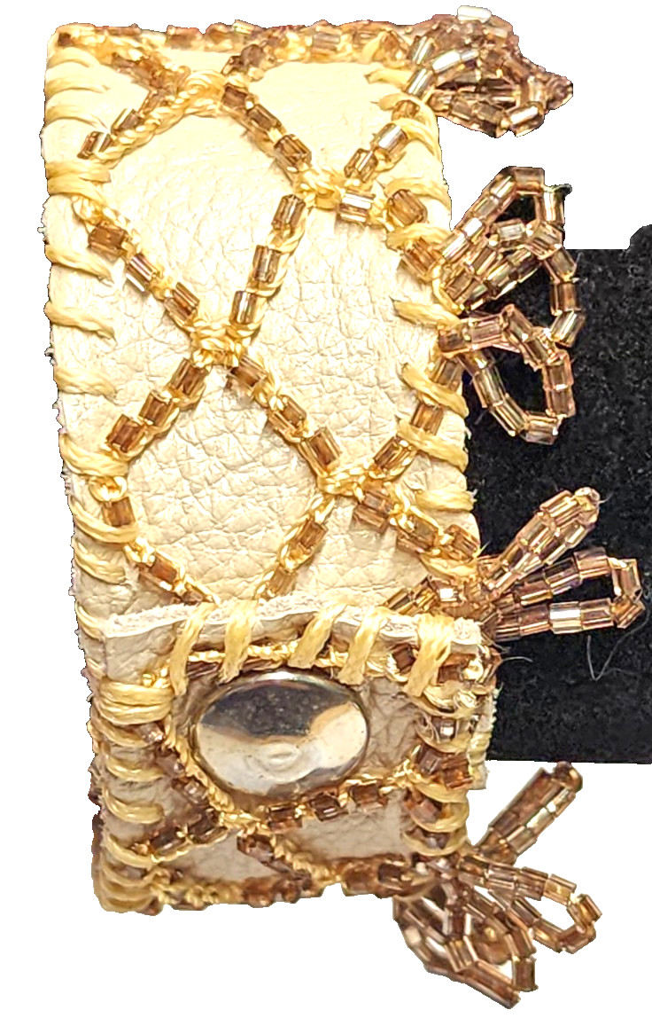 Handmade Cream White Genuine Leather Champagne Glass Beaded Cuff Bracelet Boho