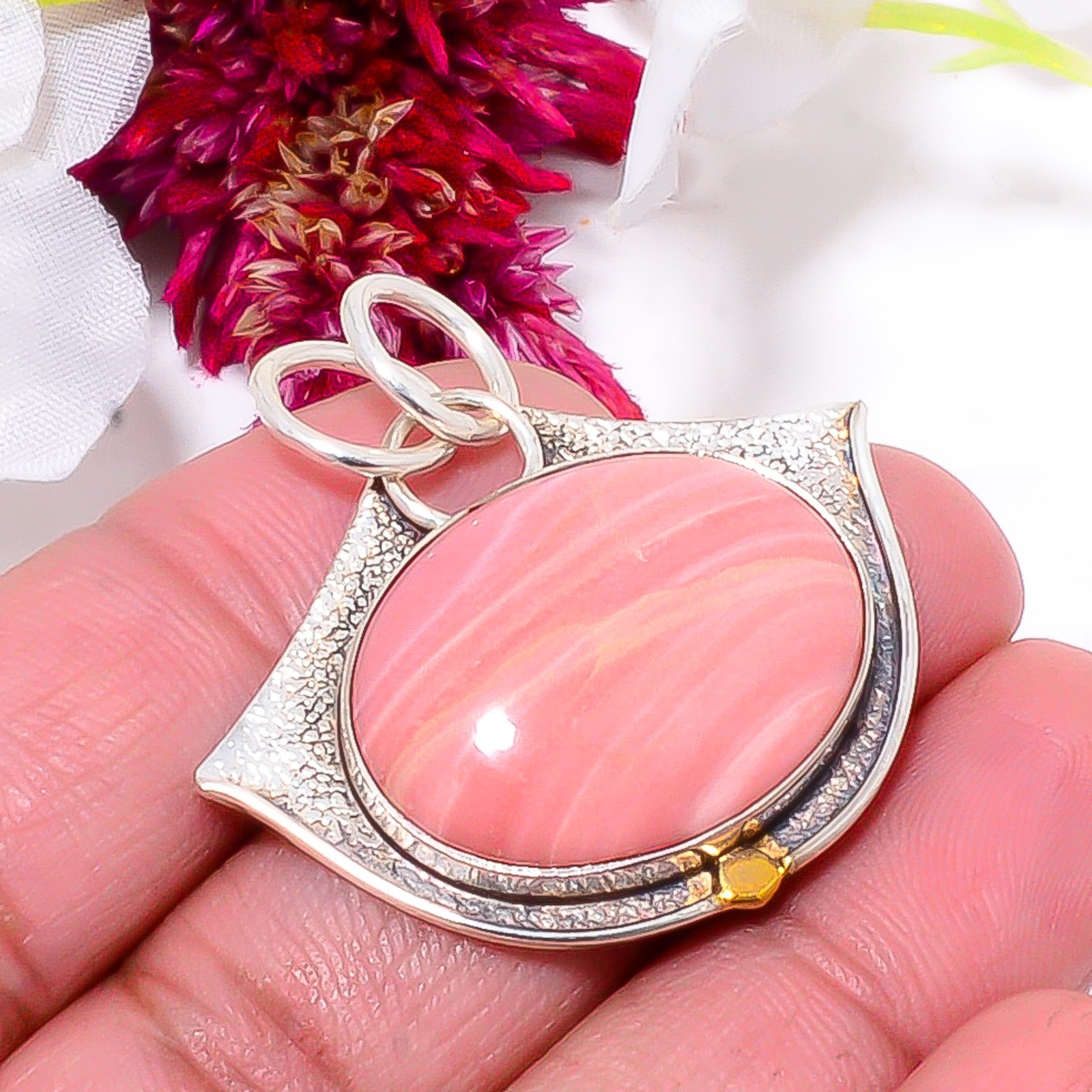 Pink Opal – Australia 925 Sterling Silver Two Tone Designer Pendant 1.48″ Sku58