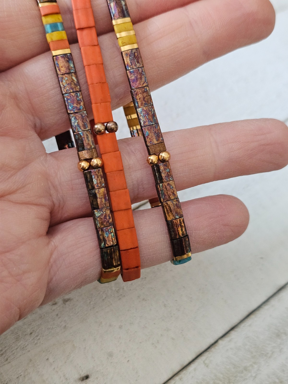 Miyuki Tila Orange Turq Mustard Brown Set Bracelets Glass Tile Stackable NTS6