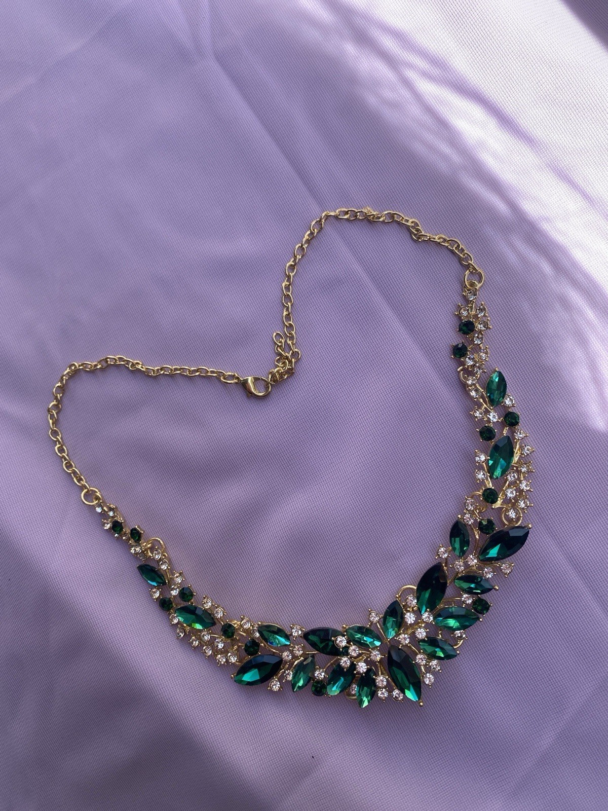 Gold Tone Green Marquise Crystal Rhinestone Necklace & Drop Earrings Set