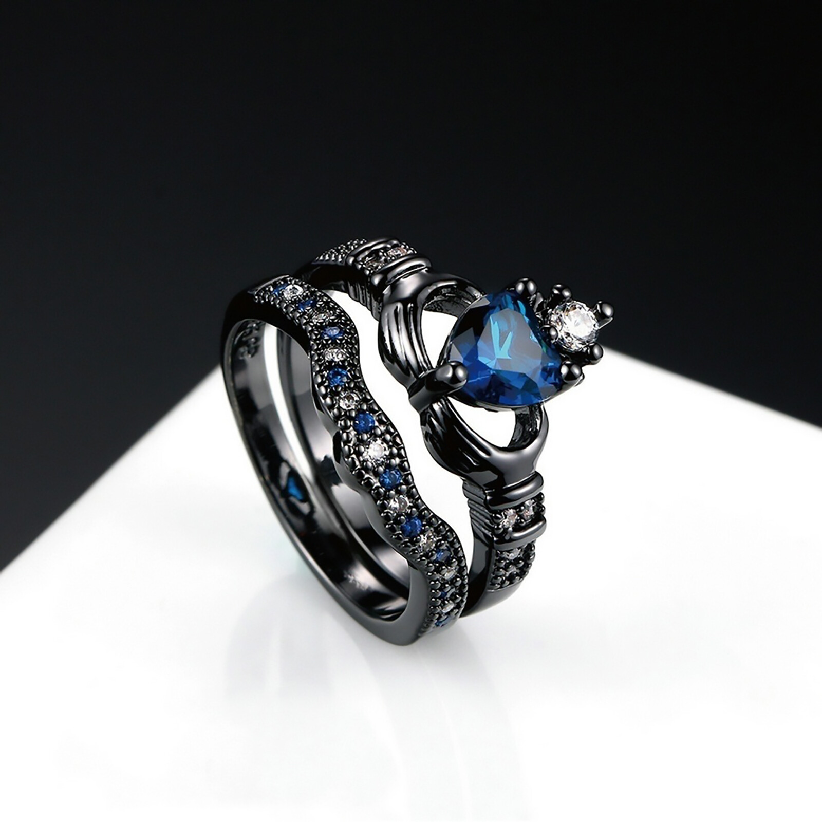 2Pcs His Hers Matching Blue CZ Crown Wedding Rings Stainless Steel Promise Bands