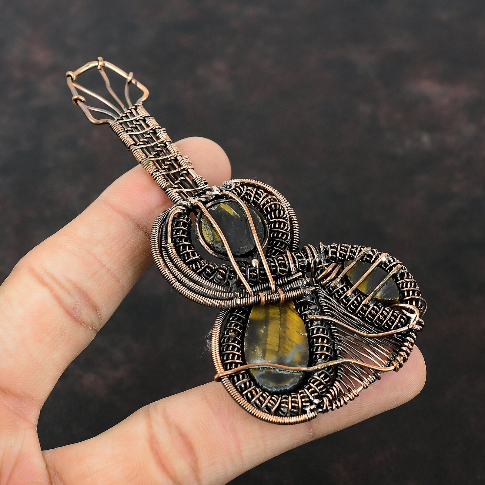 Tiger’S Eye Copper Gift For Friend Wire Wrapped Guitar Pendant 4.06″