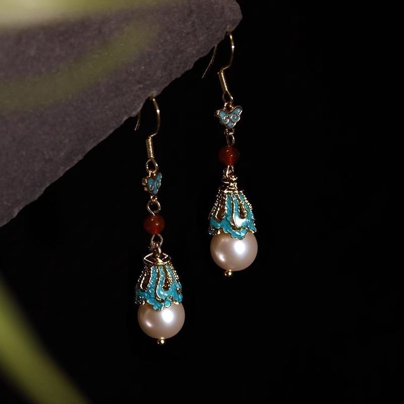 Chinese Style Enamel Red Pearl Dangle Earrings New Chinese Hanfu