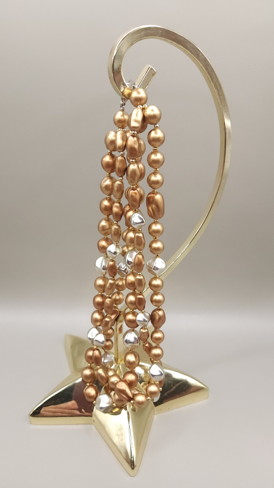 Vintage 70s 80s Boho Chunky Multi Strand Necklace Metallic Gold Silver Bead 18″
