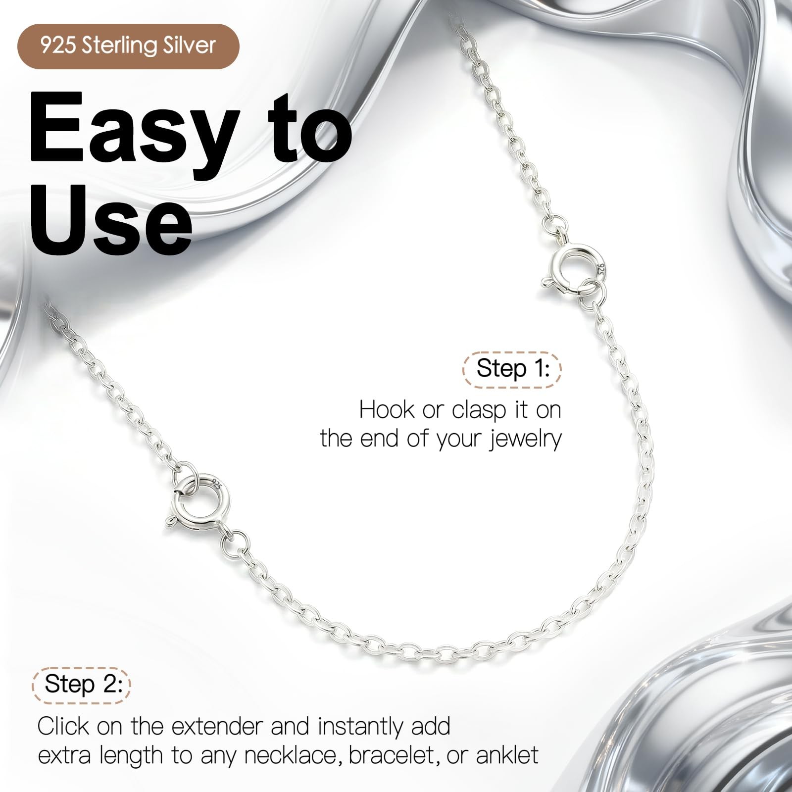 VANBARIS 925 Sterling Silver Necklace Extenders for Women, 3 4 inch, silver