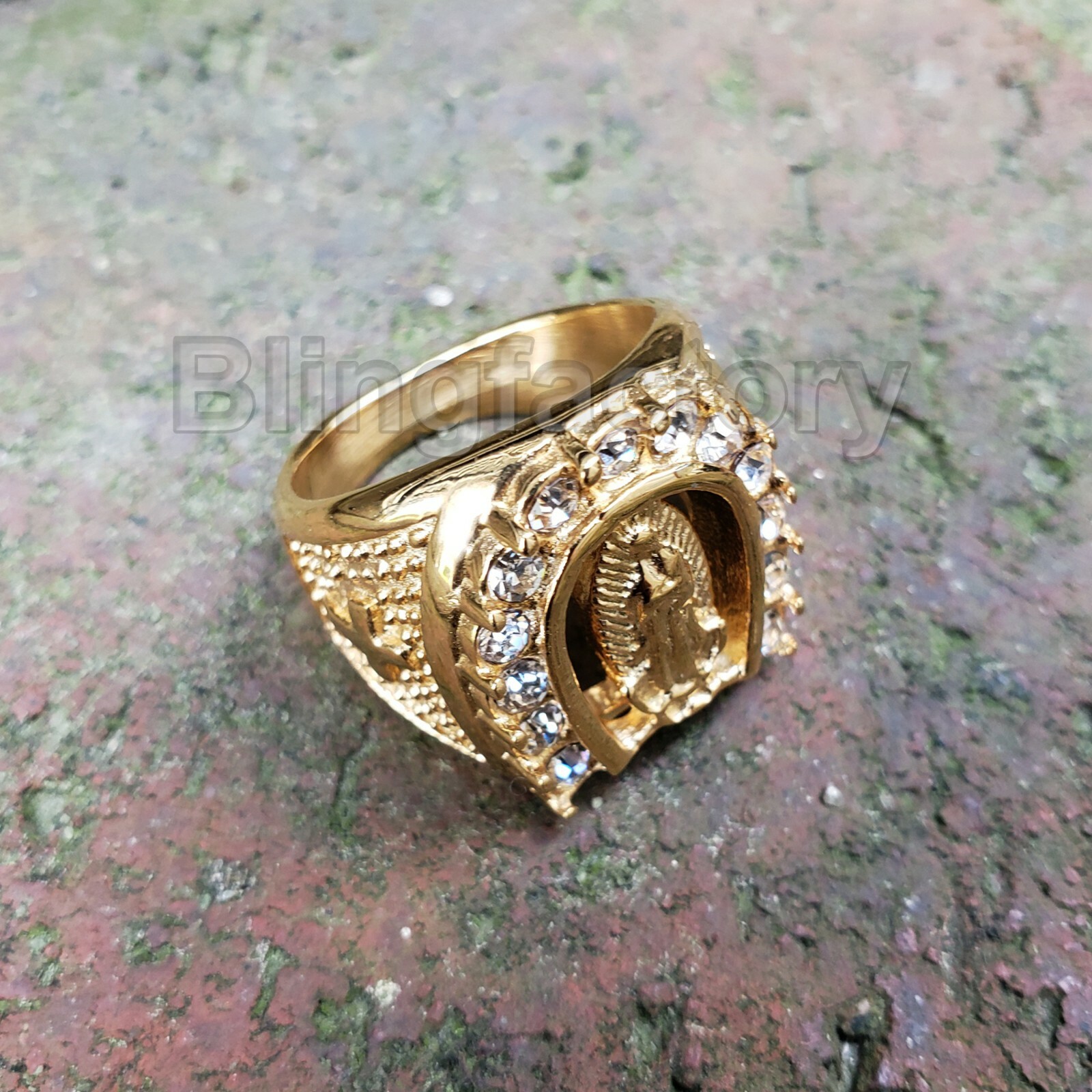 GOLD STAINLESS STEEL HIP HOP ICED GUADALUPE CUBIC ZIRCONIA RING SIZE 8~12 S09