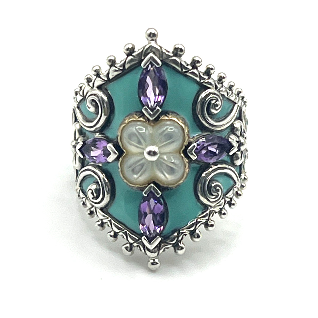Barbara Bixby Ring Sz 8 Turquoise Amethyst MOP Lotus Sterling 925 and 18k Accent