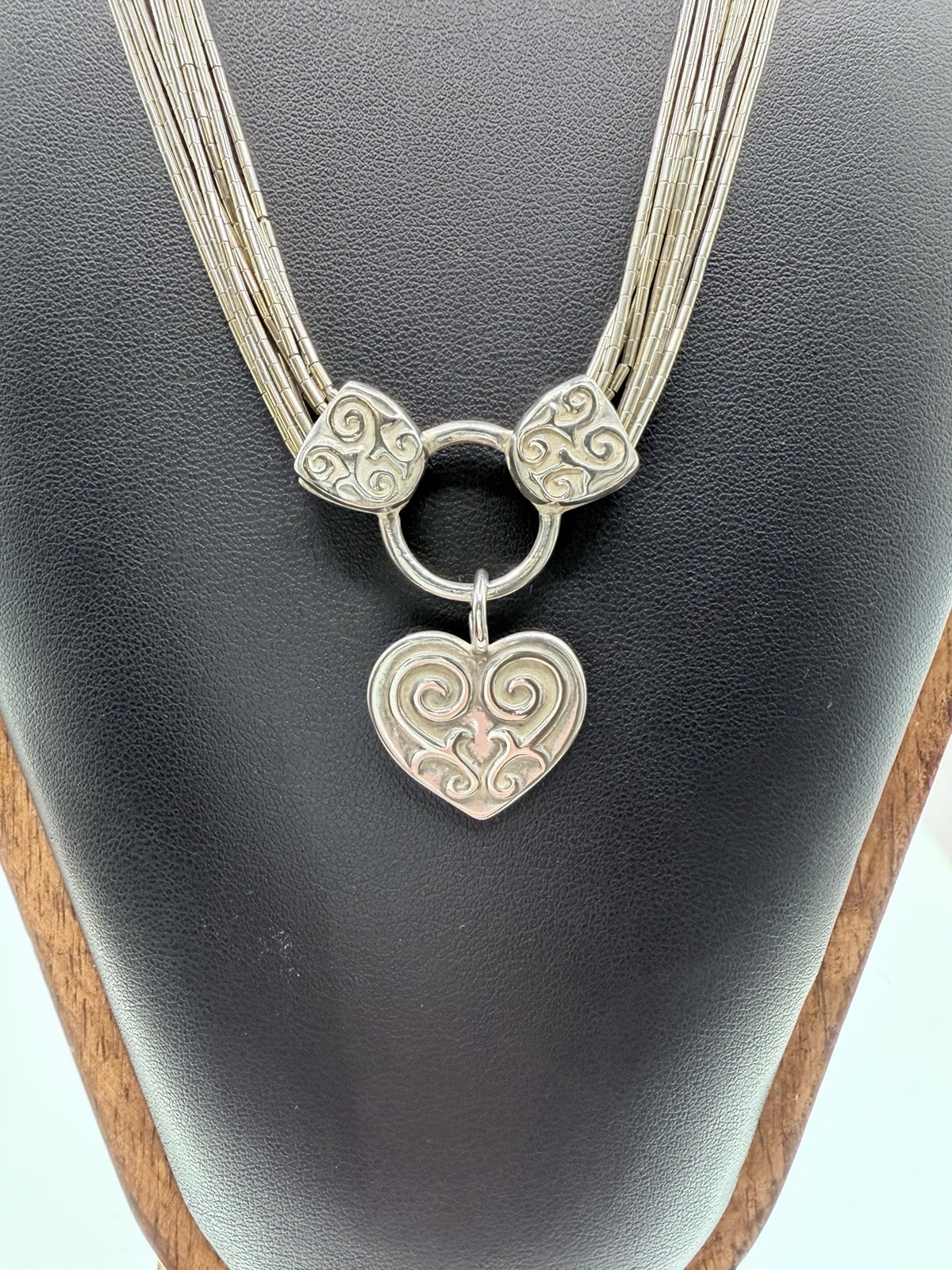 Signed S 925 Sterling Silver 8 Strand Liquid Silver Heart Necklace 17in+3in