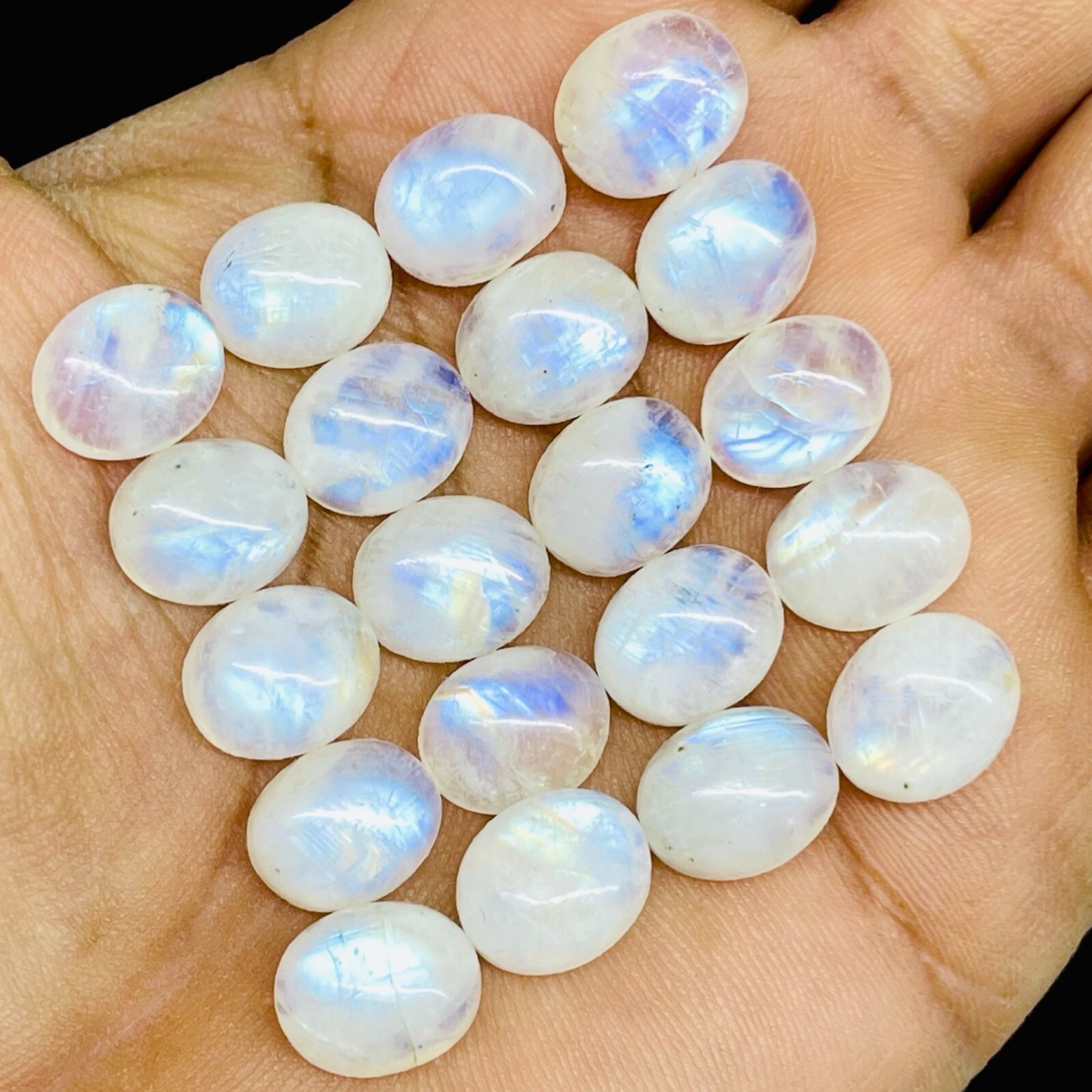 20 Pcs Natural Rainbow Moonstone 12x10mm Oval Blue Flash Cabochon Gemstones