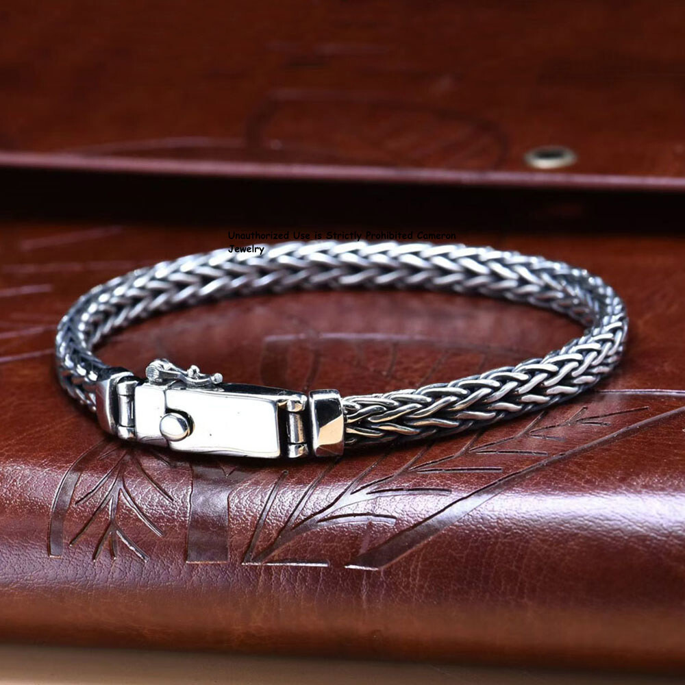 Real S925 Sterling Silver Bracelet Men 6mm Unique Wheat Link Chain 26-27g 7.9in