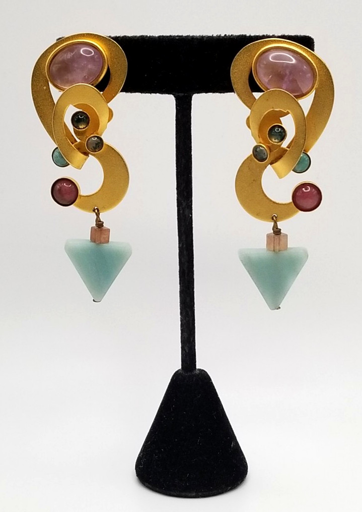 Vintage Gale Rothstein Semi-Precious Stones Gold Plated Dangle Pieced Earrings