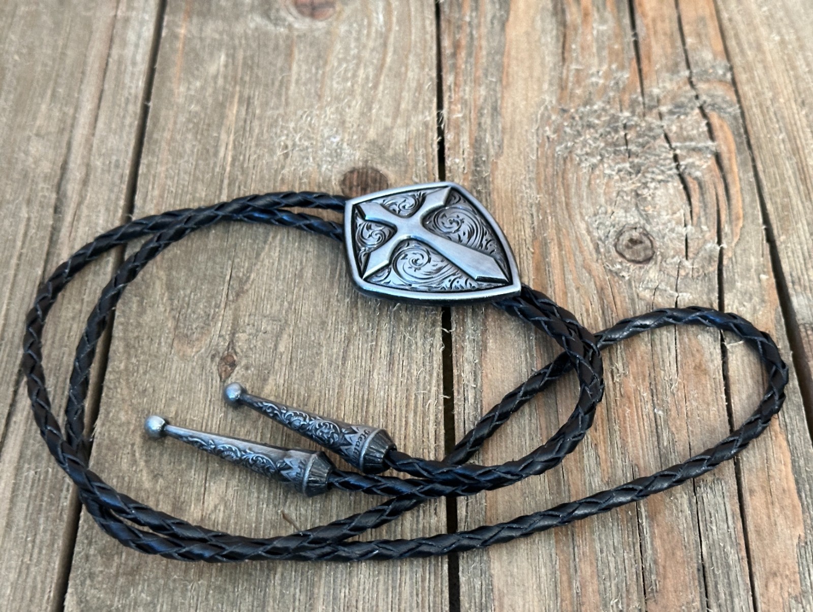 Western Bolo Tie Cross Christian Cowboy Necktie Black Leather Cord for Men