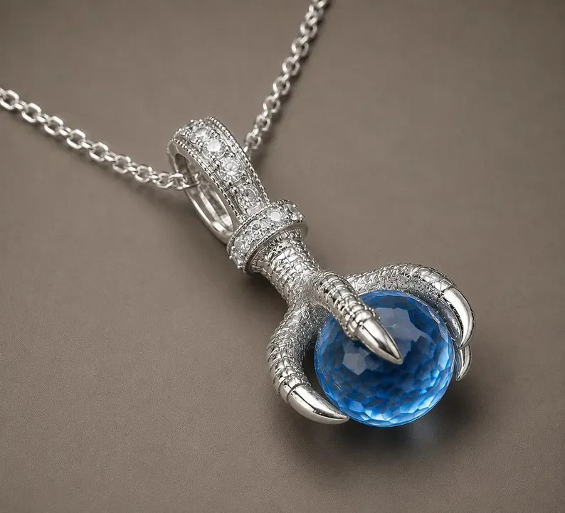 Natural Swiss Blue Topaz Sphere Pendant 925 Sterling Silver White Zircon Claw