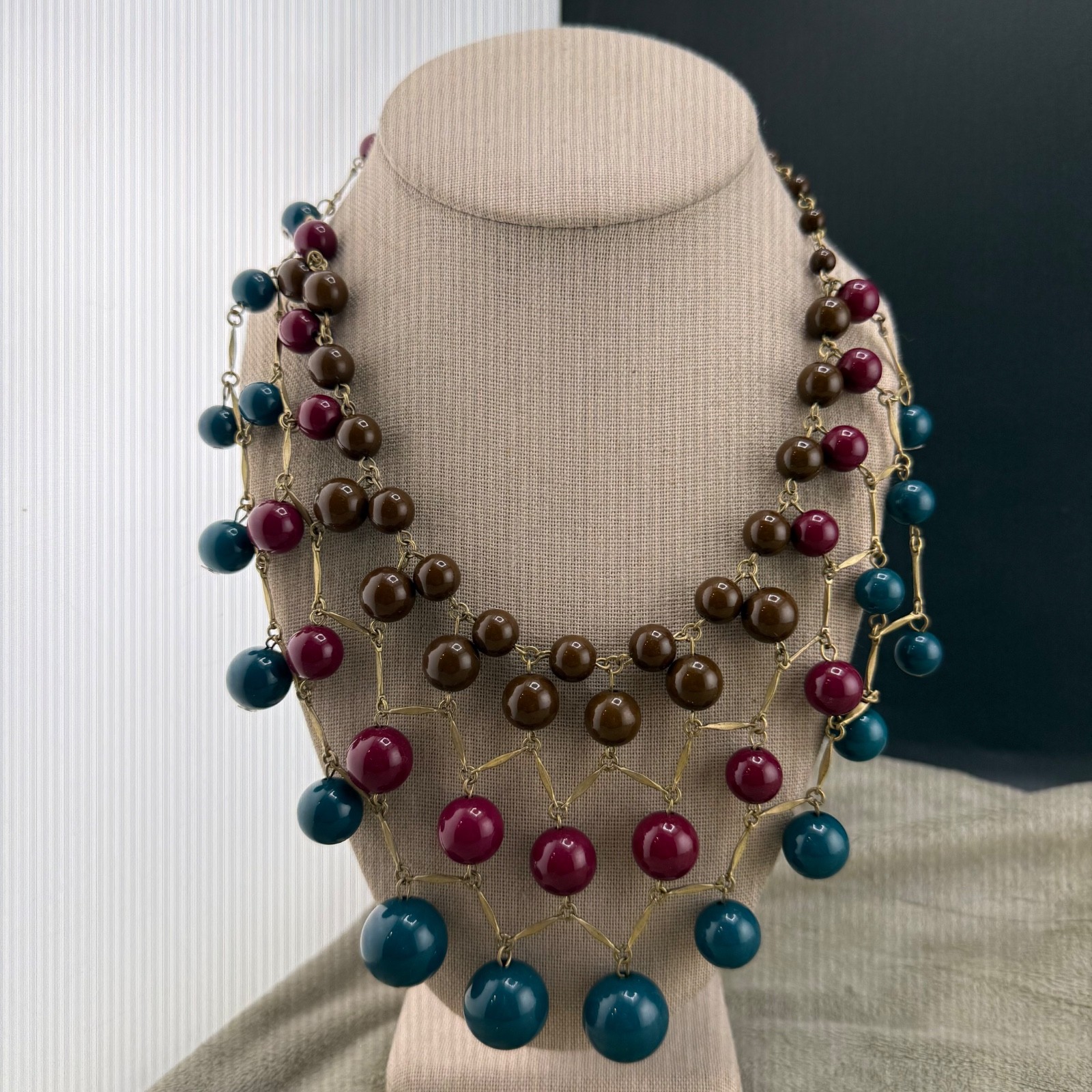 Beaded Bib Necklace Blue Pink Brown Statement Gold Tone Boho 17”