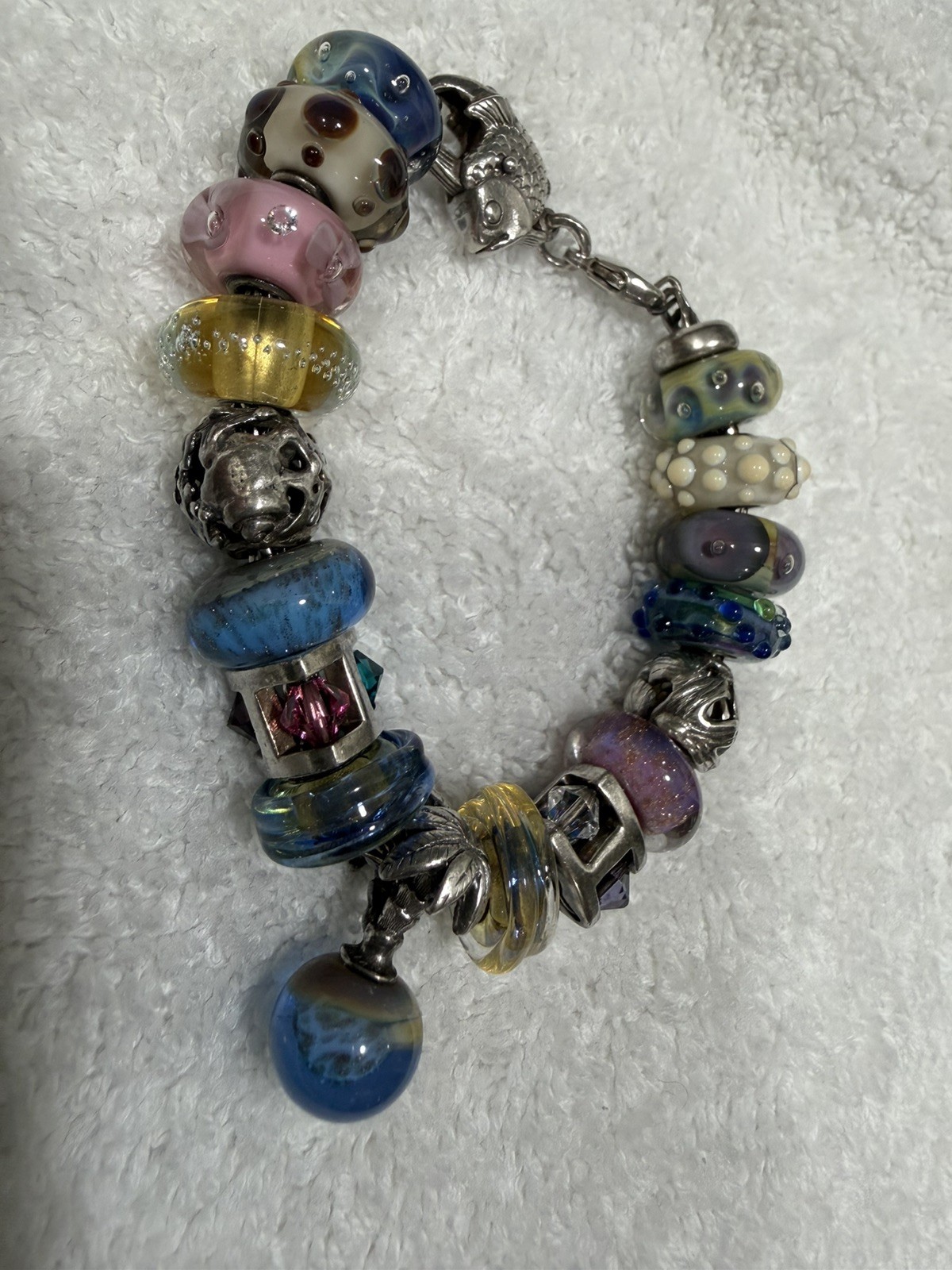 Trollbeads SS 7.5 inch Charm Bracelet with 17 Retired Charms in Blues & Pinks