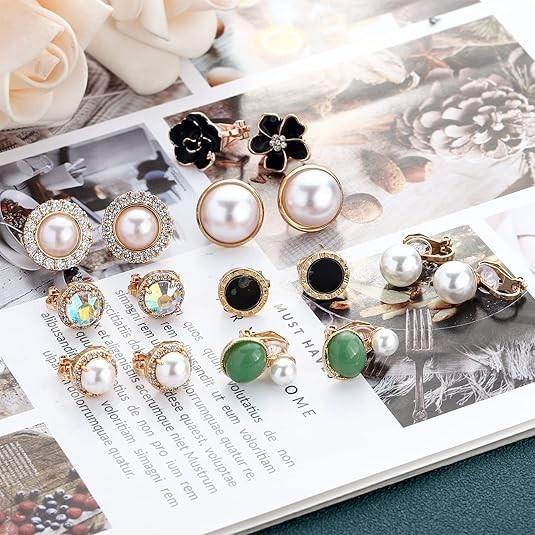 12 Pairs Clip-On Earrings for Women Cute Crystal Pearl Non-Piercing Studs