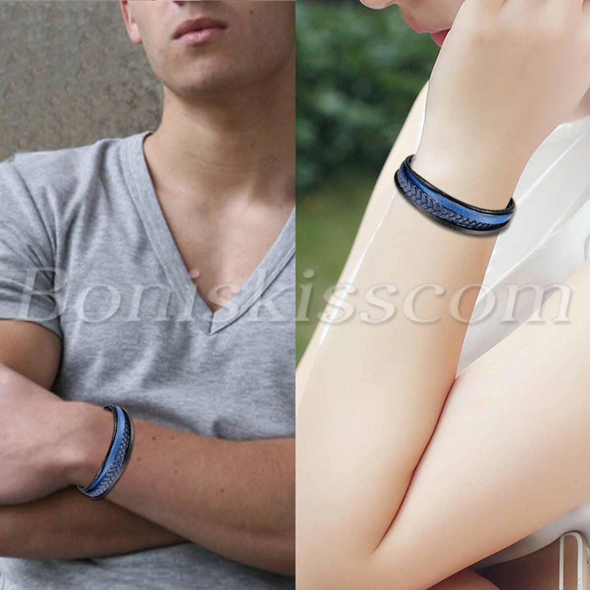 Men’s Multilayer Braided Wheat Leather Stainless Steel Buckle Bracelet Wristband