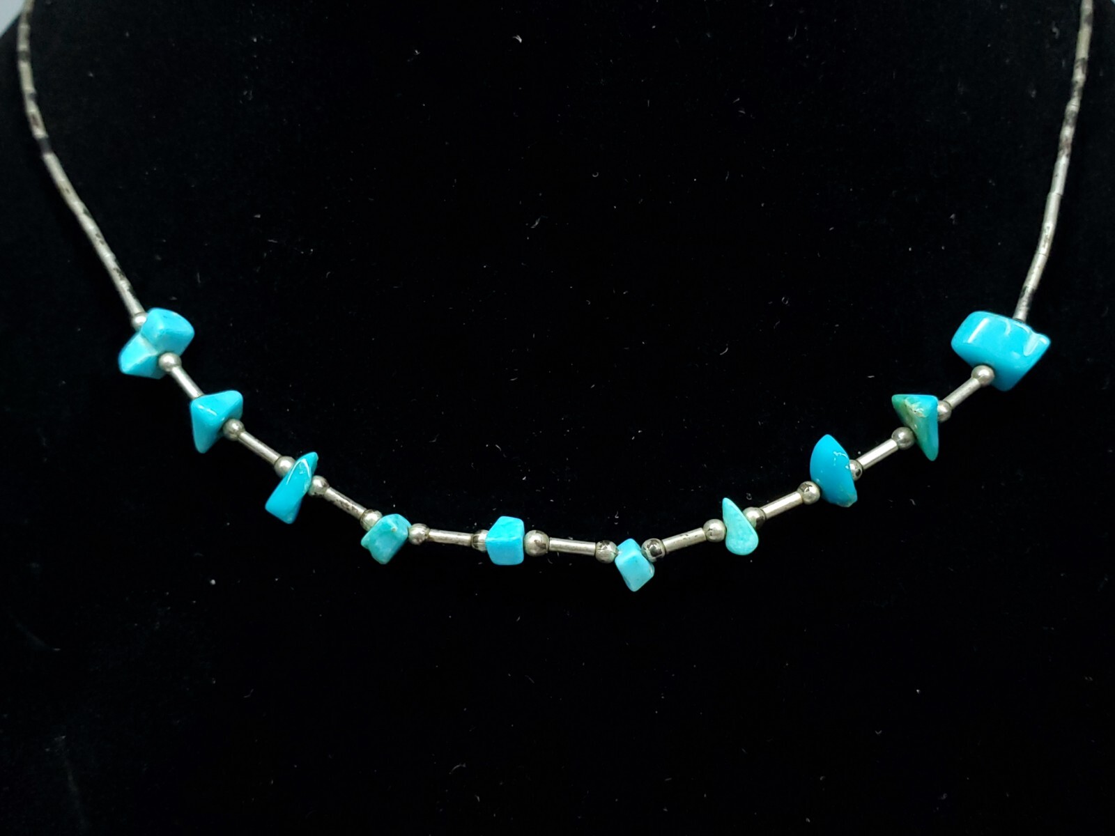 Vintage Liquid Silver Sterling Turquoise Chunk Beaded Southwestern Necklace