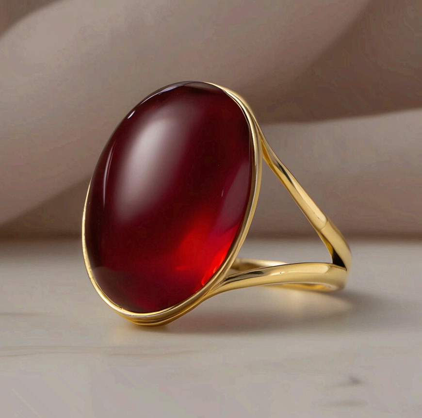 Red Statement Ring Gold Oval Cabochon Stainless Steel Minimalist Ring