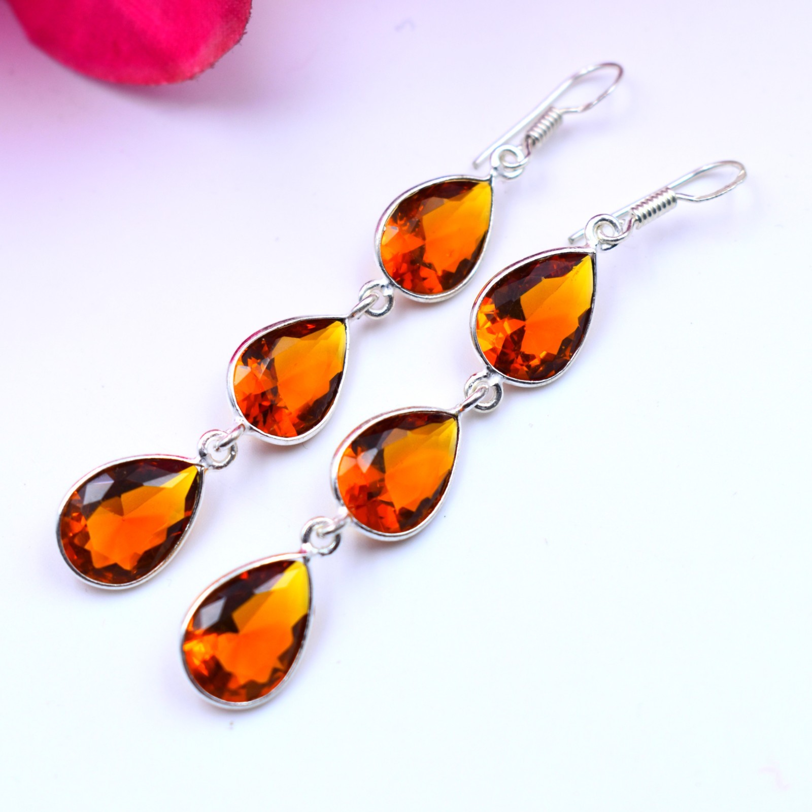 Hessonite Gemstone Handmade 925 Sterling Silver Jewelry Earring Size-2.75″