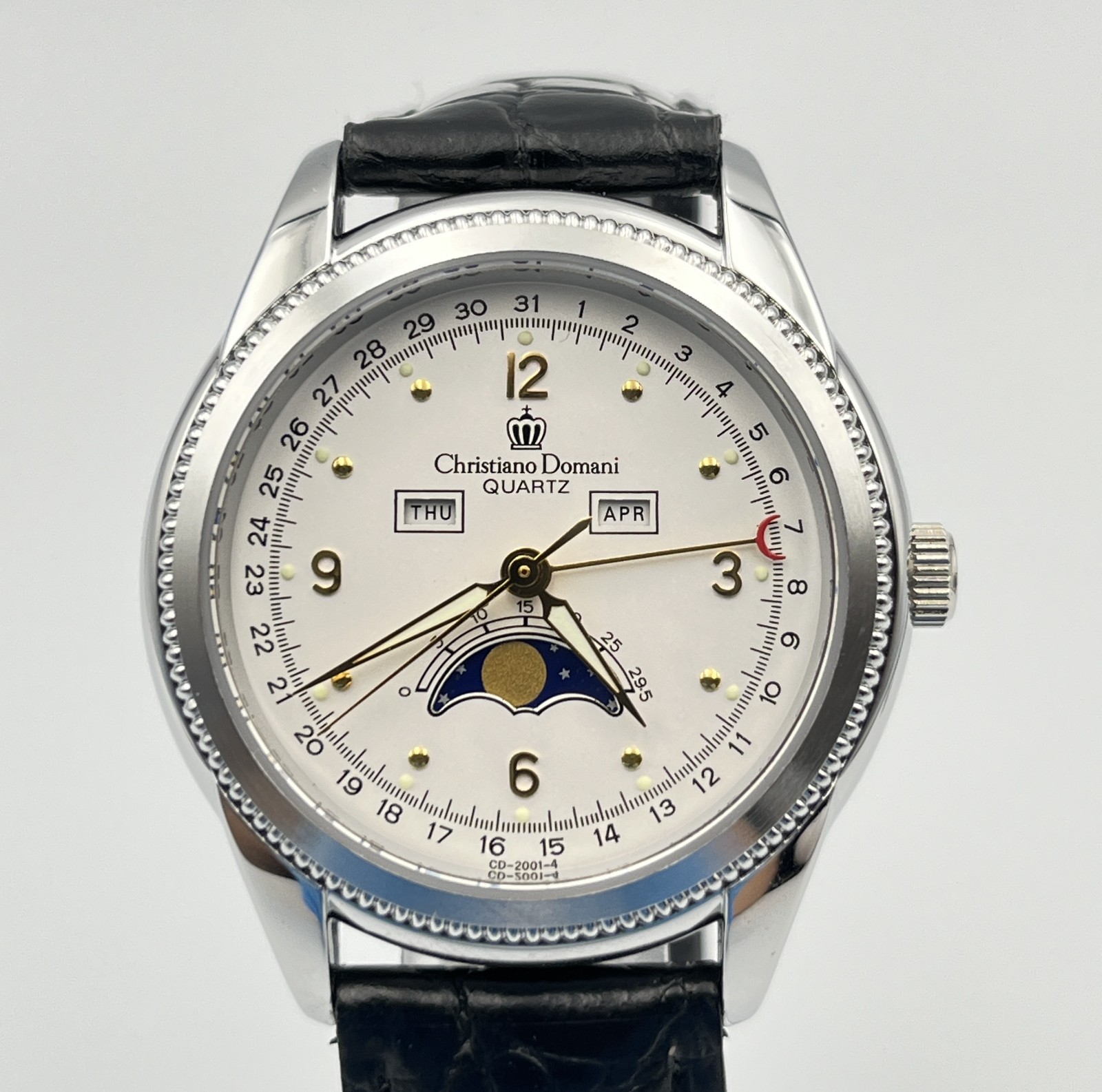 Christiano Domani CD-2001 Moon Phase Quartz men White Dial Watch Japan – Rank B+