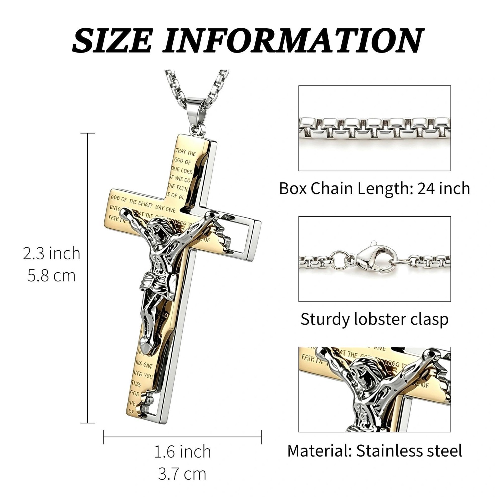 Men’s Stainless Steel Jesus Cross Necklace, Engraved Bible Verse Pendant, 24″ Ch