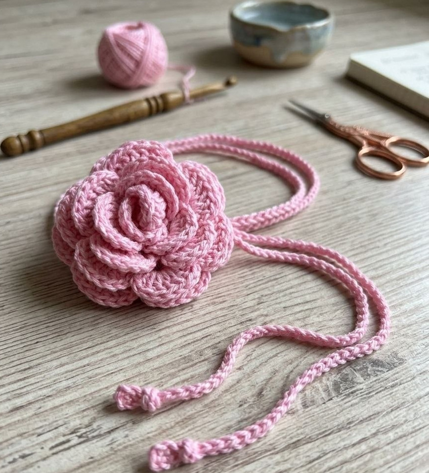 Handcrafted Crochet Flower Pink Yarn Choker Necklace Tie Cord Handmade