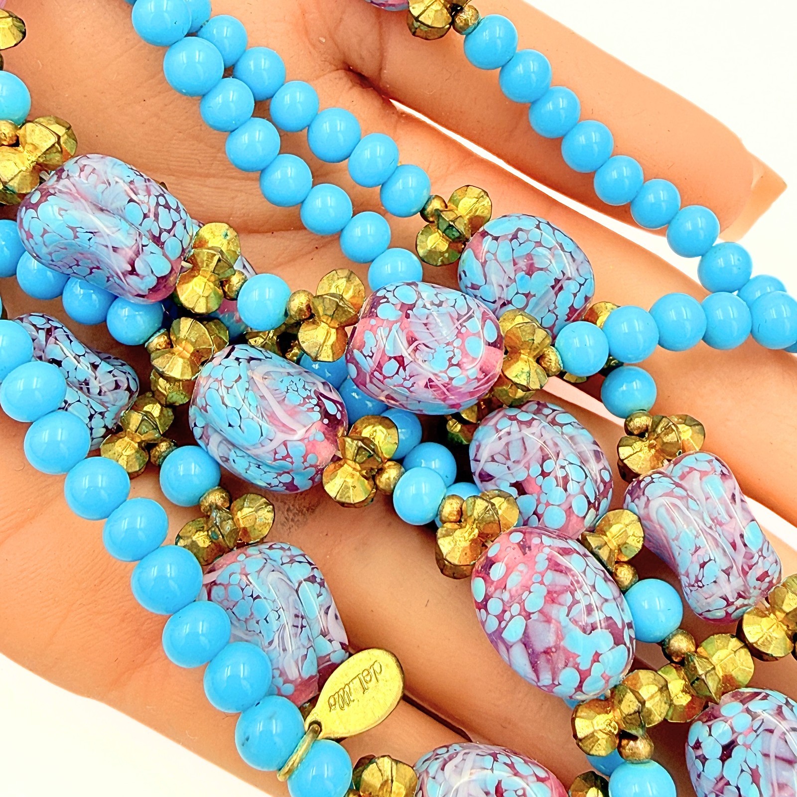 Vintage William De Lillo Couture Wedding Cake Glass Bead Sautoir Blue Necklace