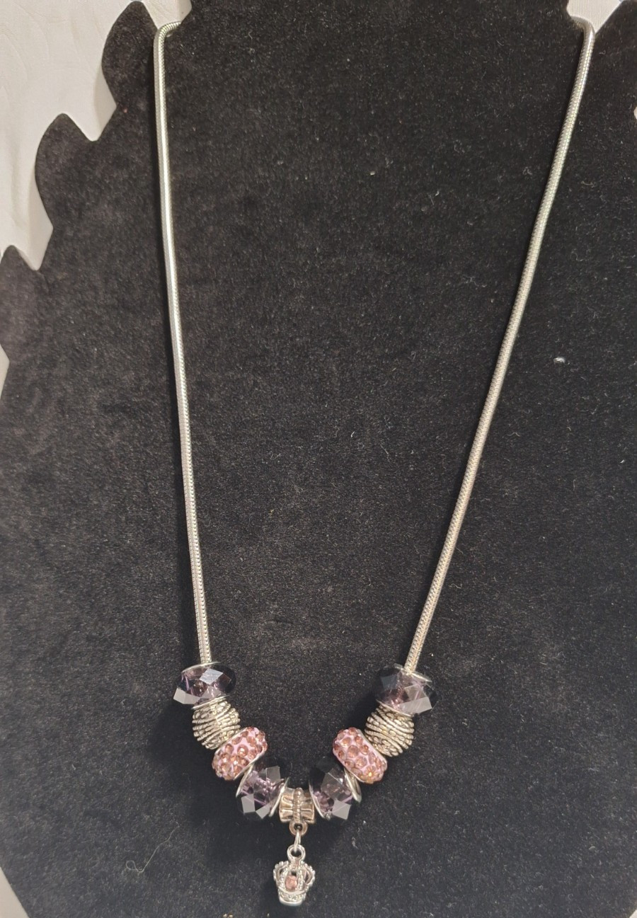 Silver Tone Purple Pink Crystal Rhinestone Heart Charm Pendant Snake Necklace