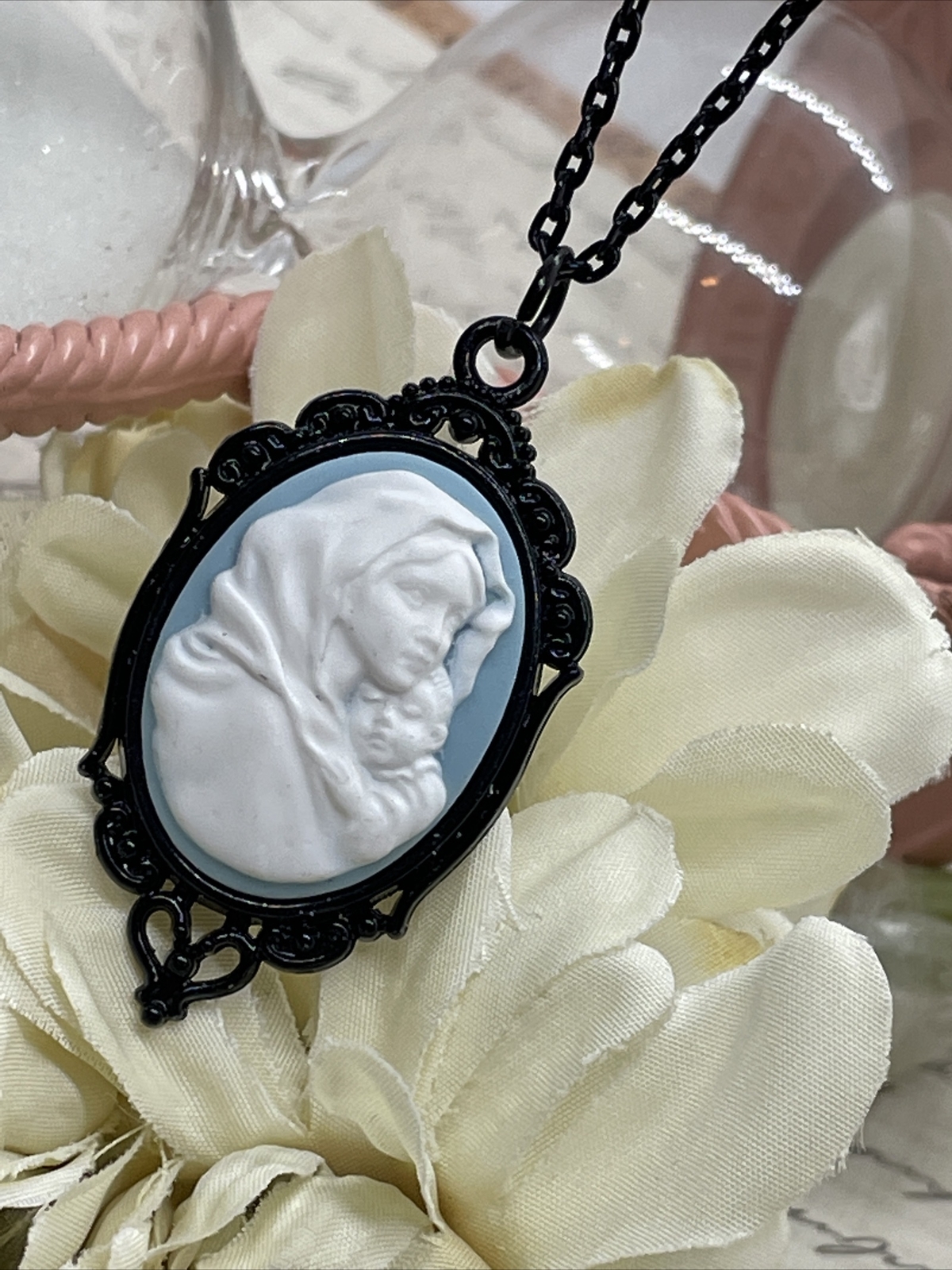 Madonna Mary Child Jesus MOM Heart Jewelry White Mothers Day necklace Cameo Bday