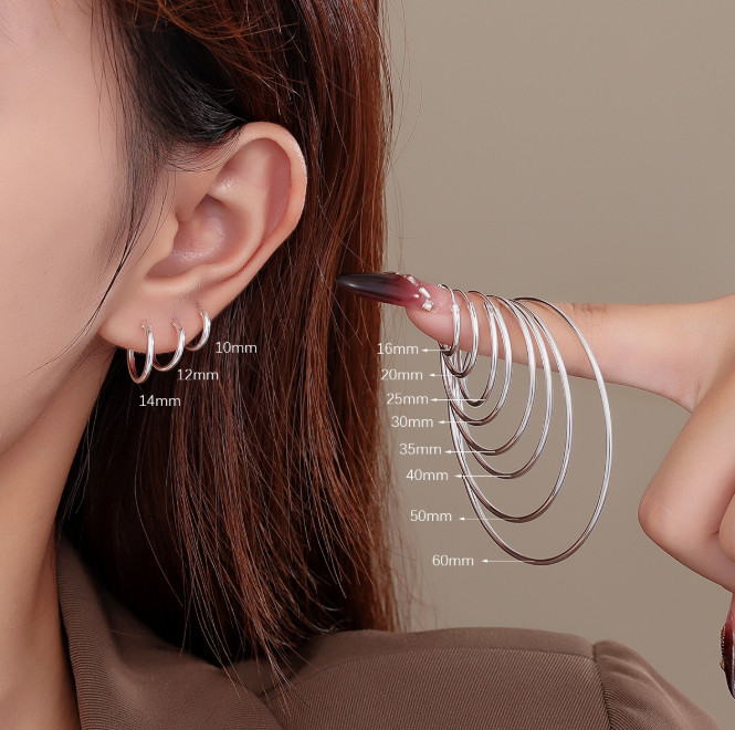 2Pcs Women 925 Sterling Silver Plated Round Hoop Endless Vogue Earrings 8mm-60mm