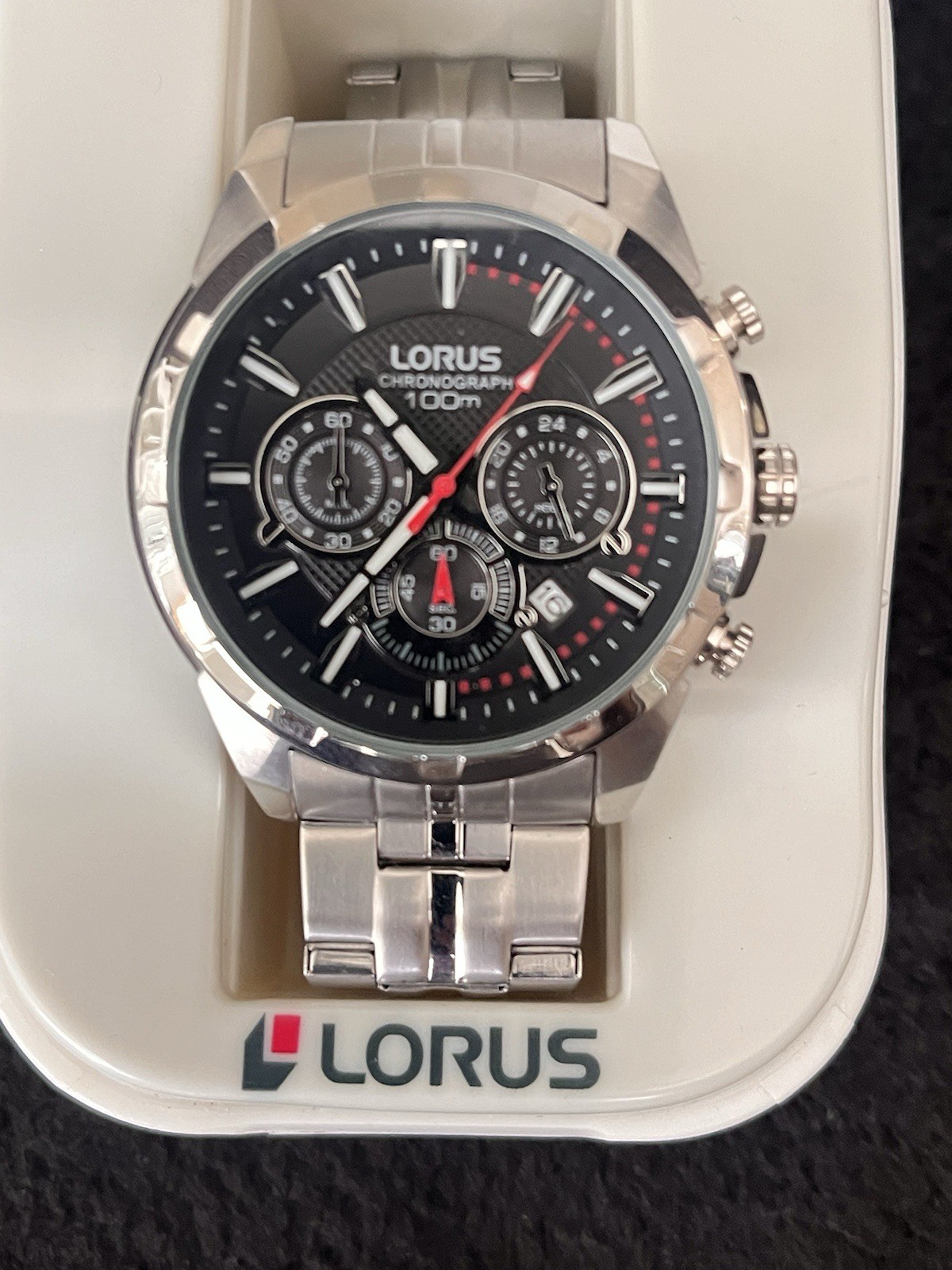 Mens 44mm Stainless Steel Lorus Chronograph Fusion/Sports Series VD53-X048 Watch