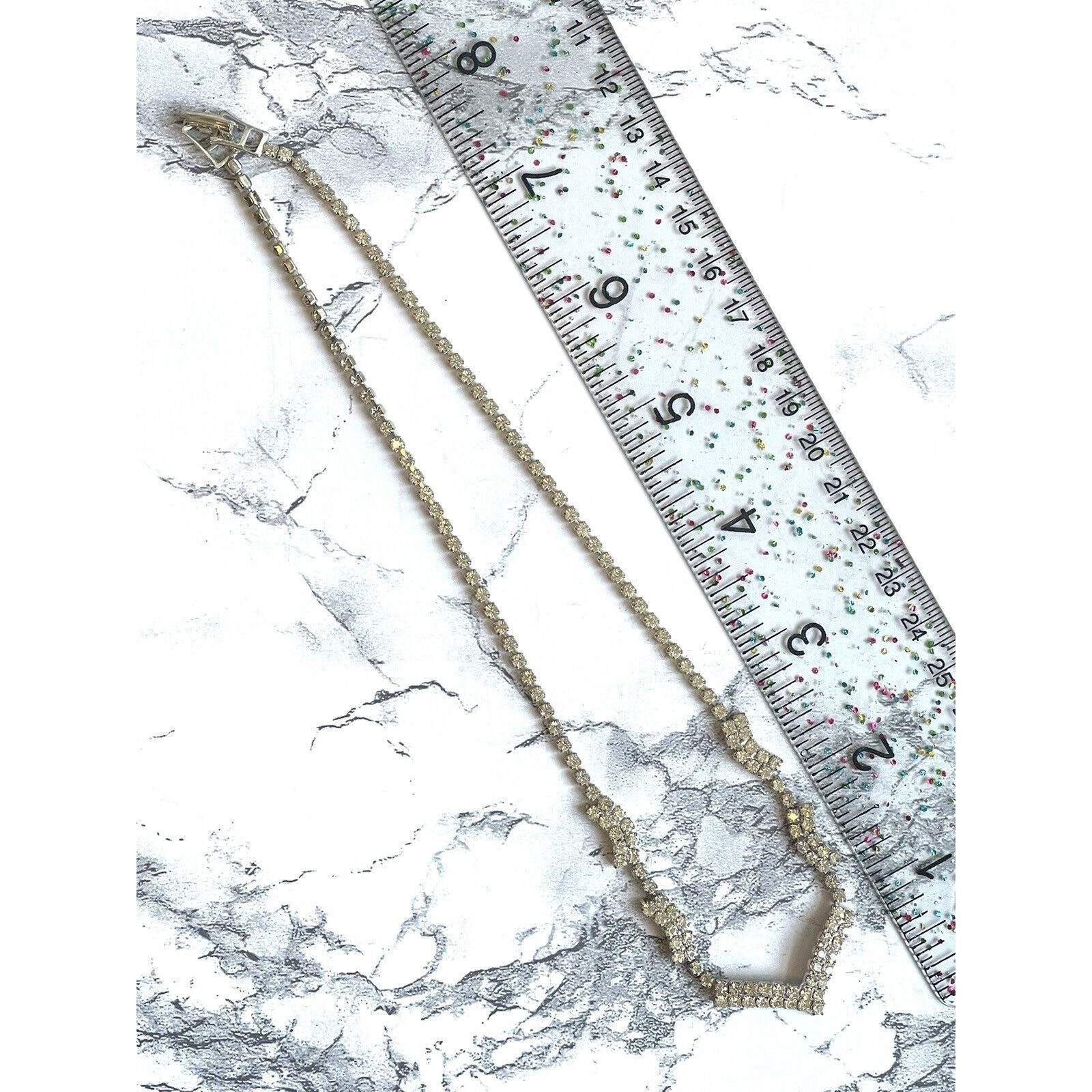 Vintage Chevron Rhinestone Silver Tone Necklace Blingy Choker Fold-Over Clasp