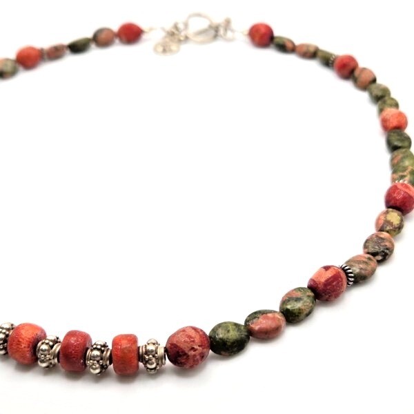 Artisan Crafted Genuine Unakite Coral and 925 Sterling Silver Necklace Handmade