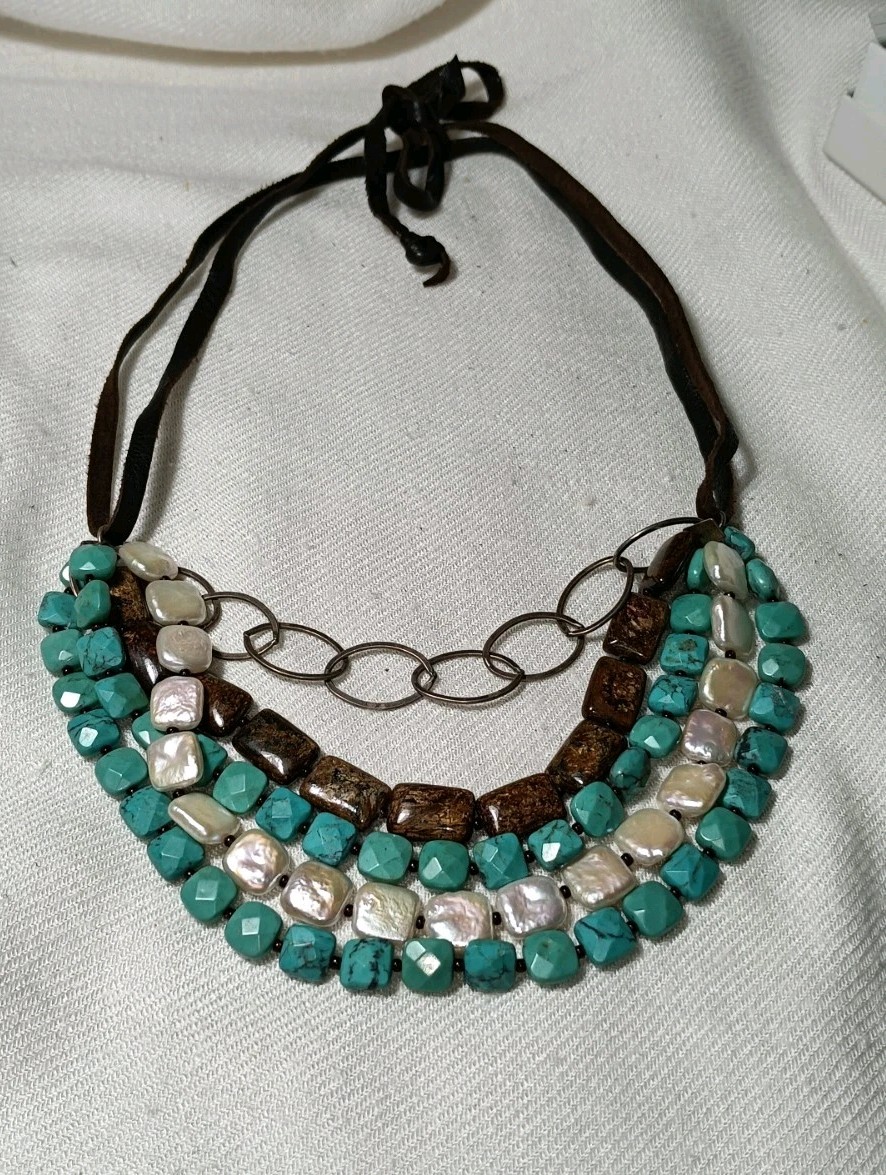 CLP Jewelry Studio Bronzite Turquoise Pearl Sterling Silver Beaded Necklace