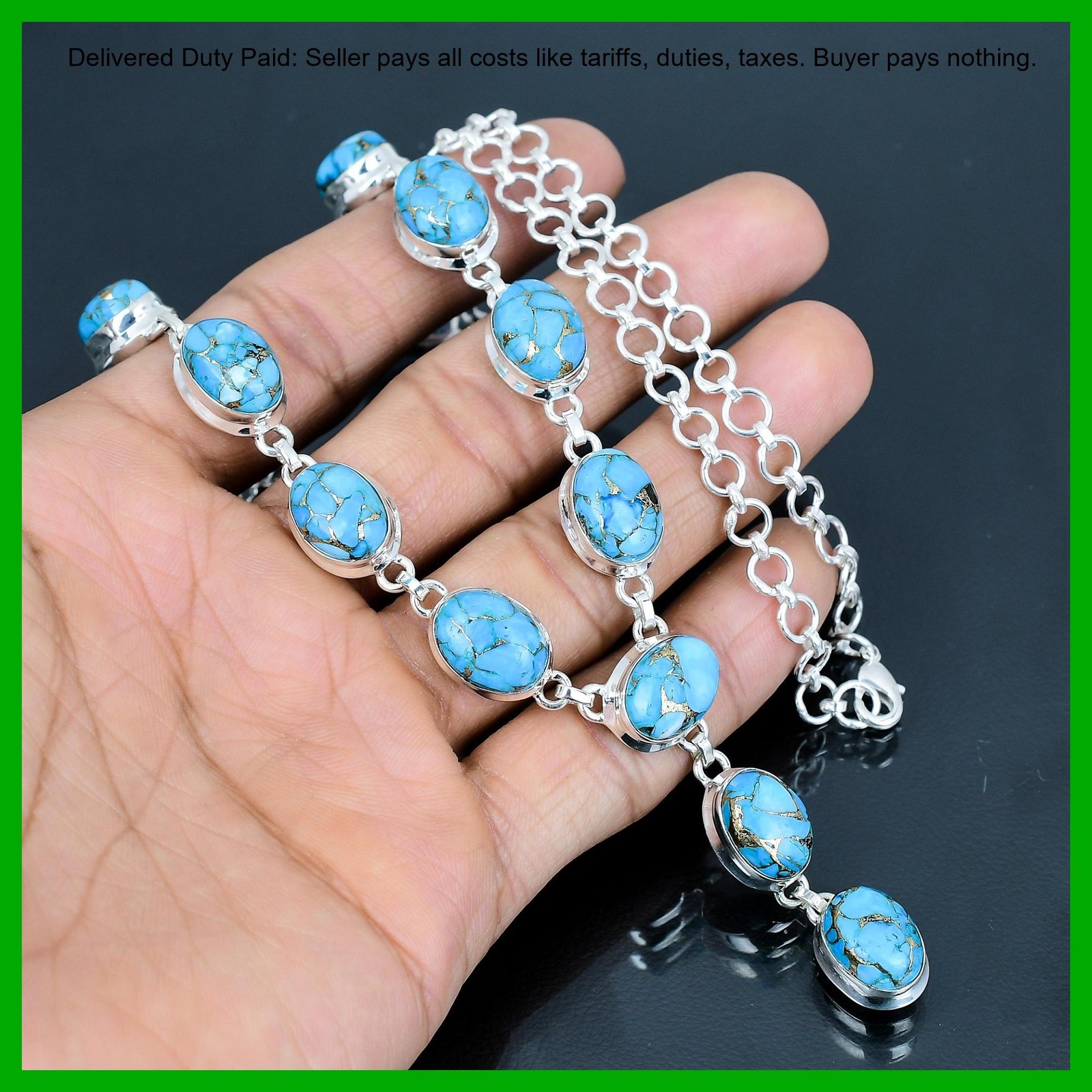 Sterling Silver Copper Blue Turquoise Gemstone Wedding Chain December Necklace