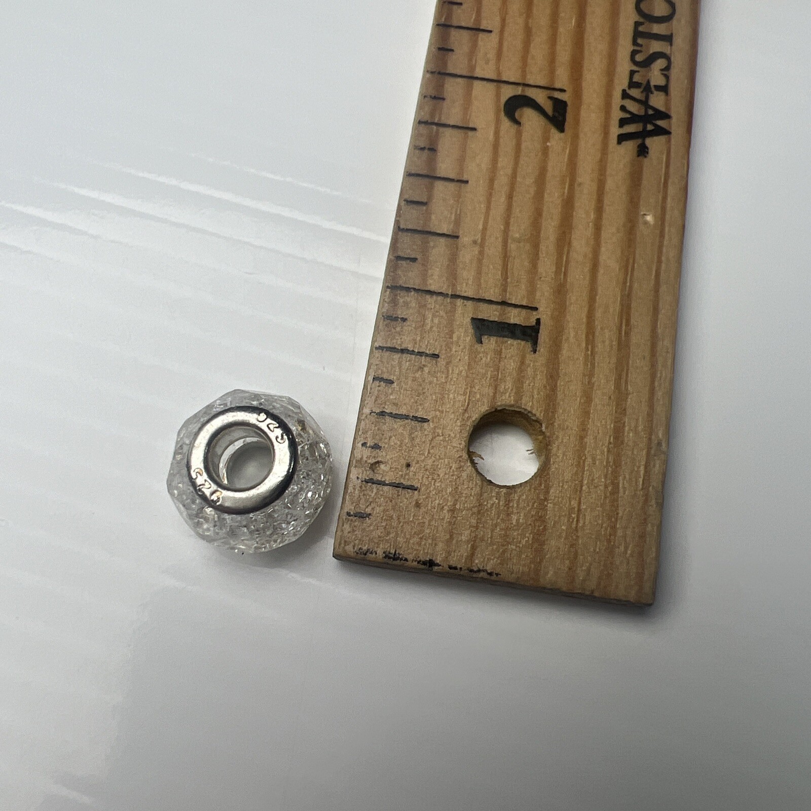 925 Sterling Silver Retro Slide Charm Murano Glass Bubble Bead Cracked Ice Clear