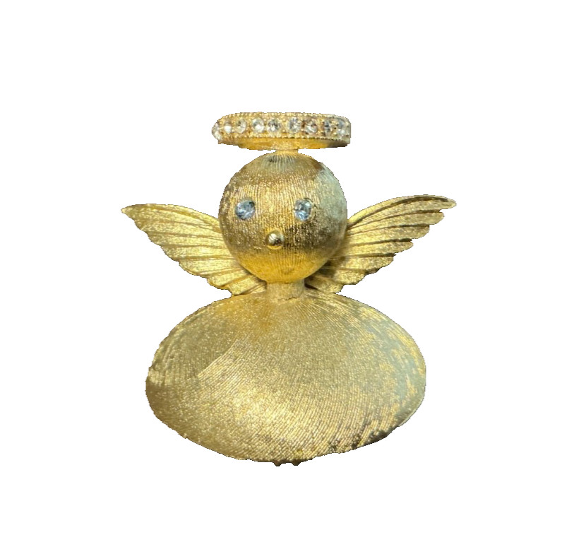 Vintage Angel Brooch Brushed Gold Tone Rhinestone Halo Religious Holiday Pin
