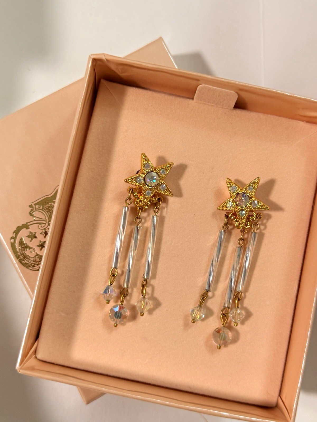 Vintage 1997 Kirk’s Folly Pixie Star Shower Crystal Dangle Post Earrings NOS Box