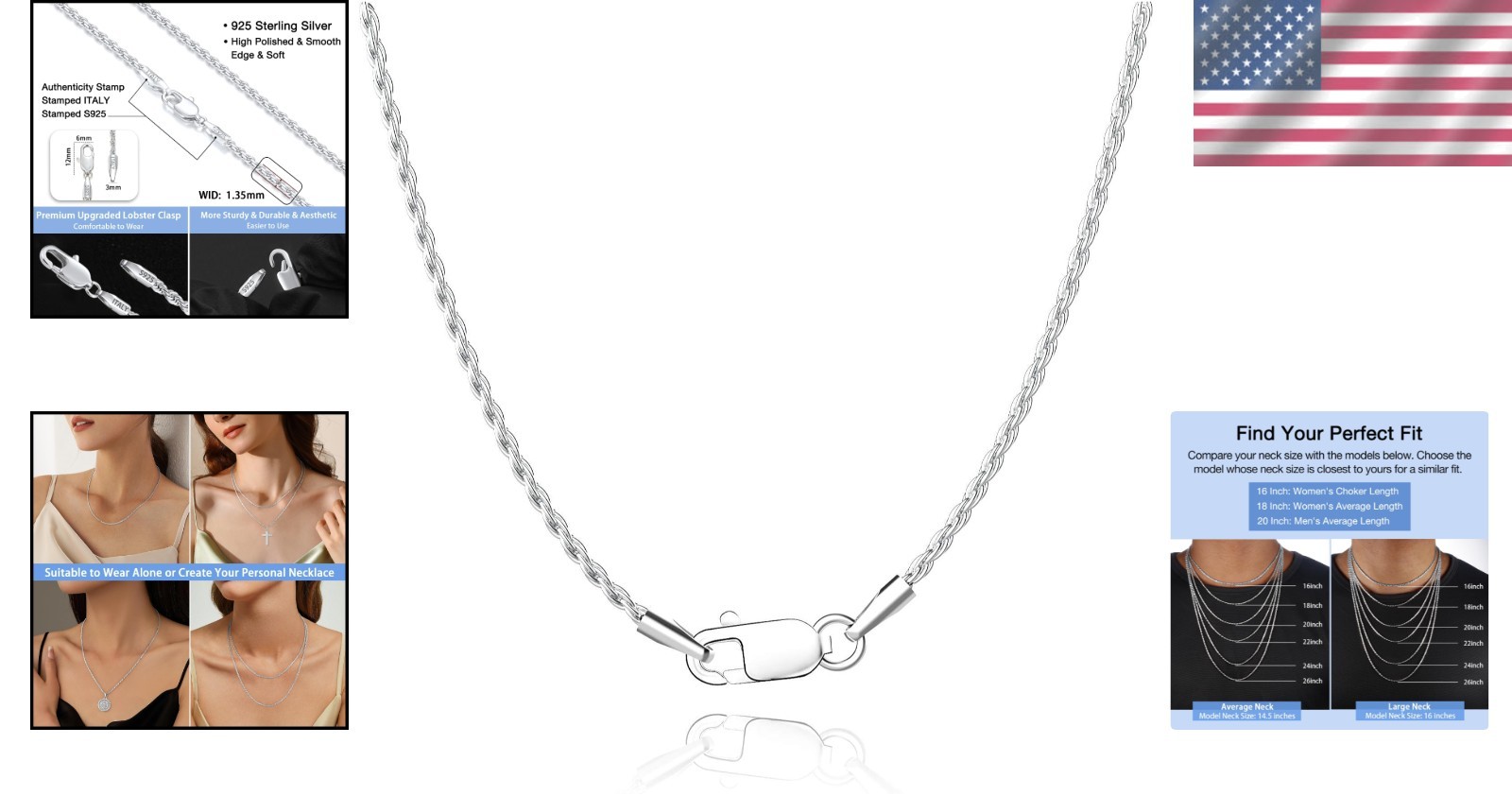 Unisex 18K Gold Plated 925 Silver Rope Chain Necklace – Super Shiny & Durable