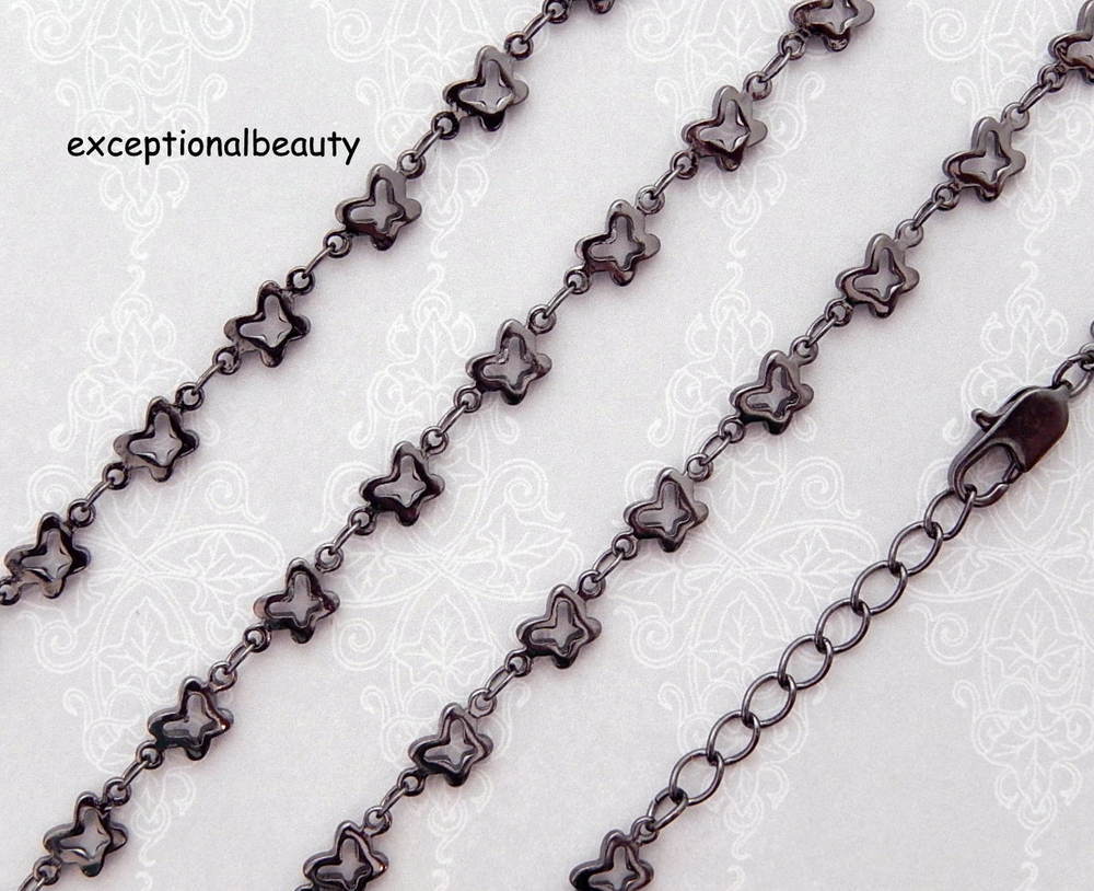 24 Inch Long Gunmetal Butterfly Link Chain Necklace Extender Lobster Clasp