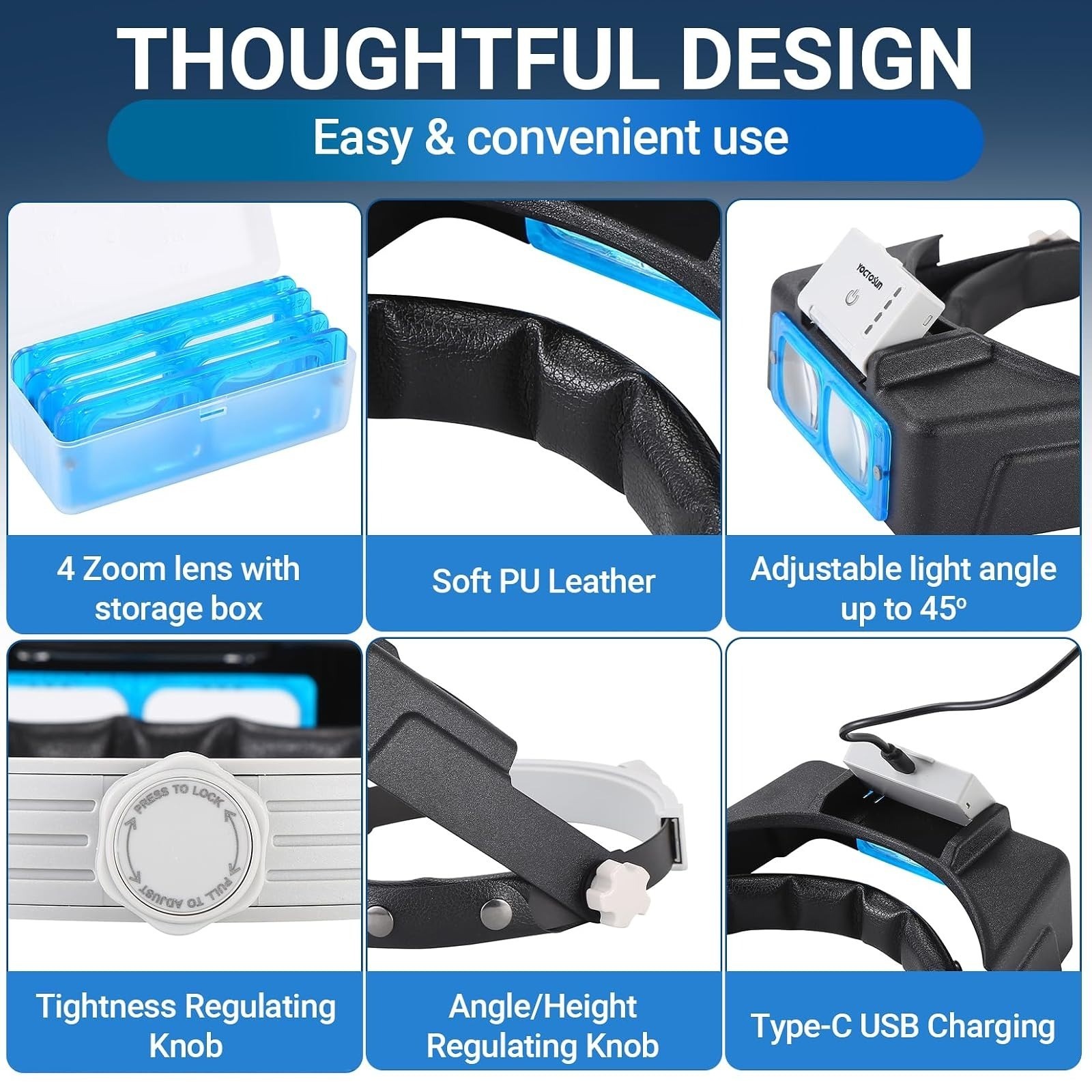 Headband Magnifier with Light Rechargeable LED 4 Lenses Hands Free for Crafts Re