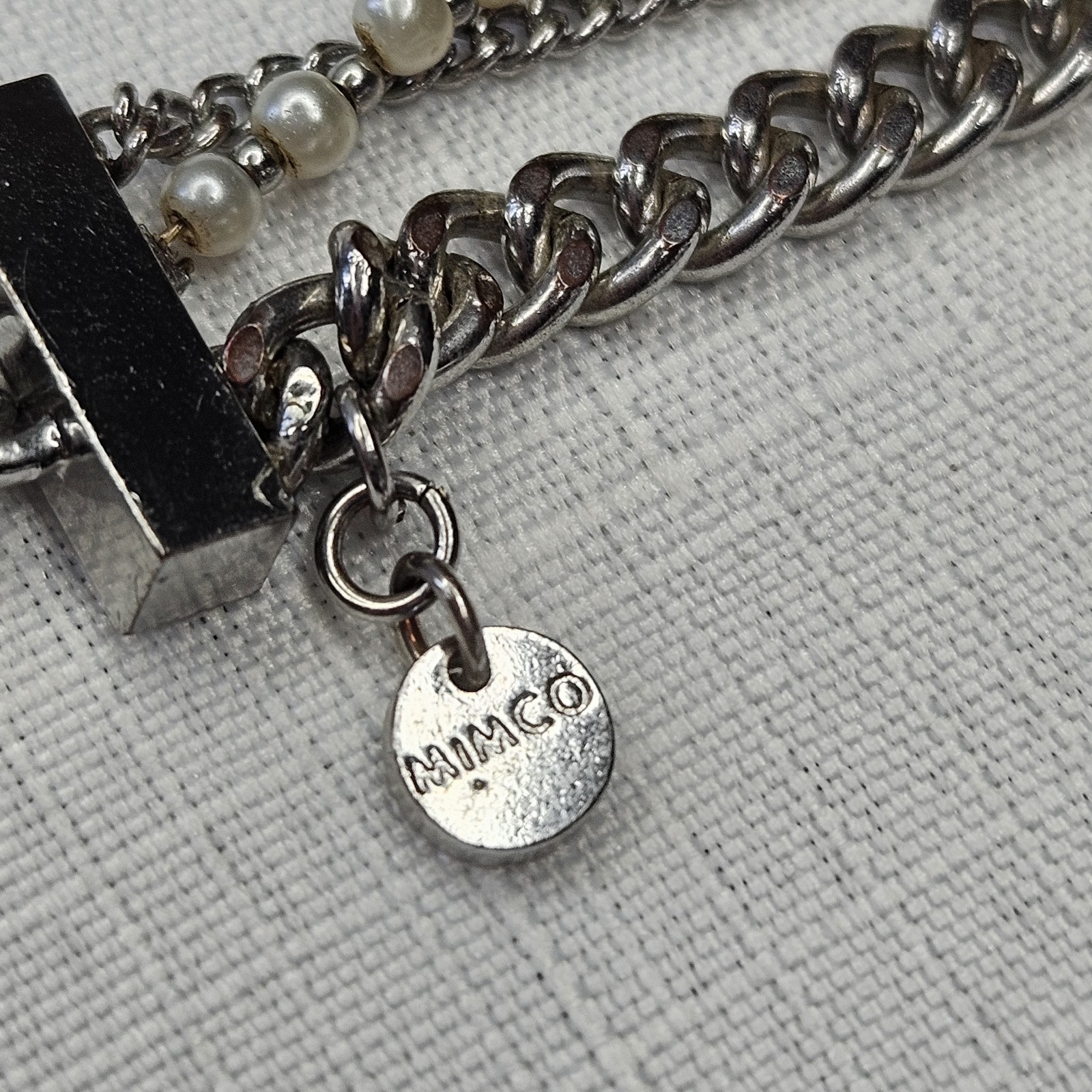 Mimco Signed Silver-Tone Multi-Strand Curb Link Faux Pearl Toggle Bracelet